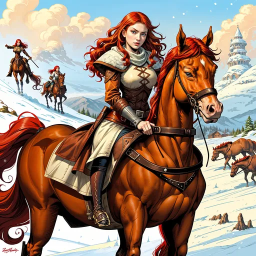 Prompt: p4n3lz, zrpgstyle, jean, a beautiful redhead woman with curly red hair standing next to a horse in the snow, loving amber eyes, leaving for battle, trending digital fantasy art, 🎀 🪓 🧚, photoshoppainting