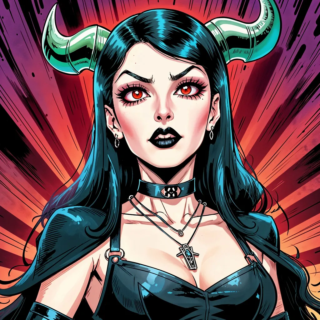 Prompt: p4n3lz, zrpgstyle, 1girl, horns, solo, black hair, gothic, black lips, long hair, makeup, choker, pale skin, jewelry, lipstick, necklace, Wally Wood, Will Eisner, 1950s aesthetic, detailed lines, retro sci-fi, action-packed, silver age comic, line art