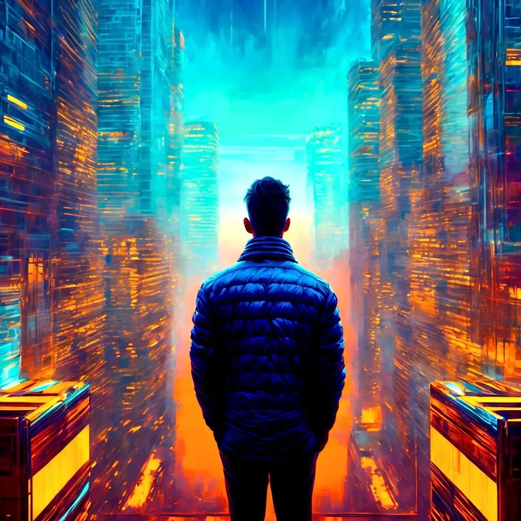 Prompt: lonely protagonist observing vast cityscape, art by Alena Aenami, TIFF