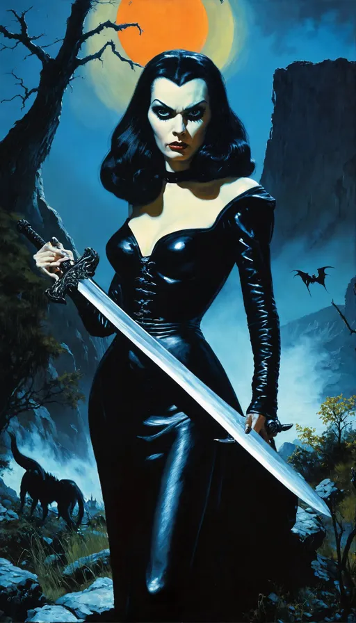 Prompt: Tim Hildebrandt's sks pulp art painting of Maila Nurmi as Vampira holding a sword, with haunted eyes and dark hair, black latex sculpt, latex domme, terrified 👿, person in foreground, valley of the damned background, pride and prejudice, shutterstock, TIFF