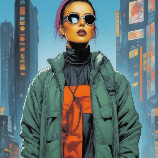 Prompt: Cyberpunk techwear streetwear look and clothes, by Brian Bolland, character portrait, golden ratio, cinematic, dreamlike