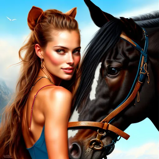 Prompt: a woman is standing next to a horse, a digital painting by Pamela Ascherson, highly detailed, ultra sharp, illustration, trending on deviantart, pixabay contest winner