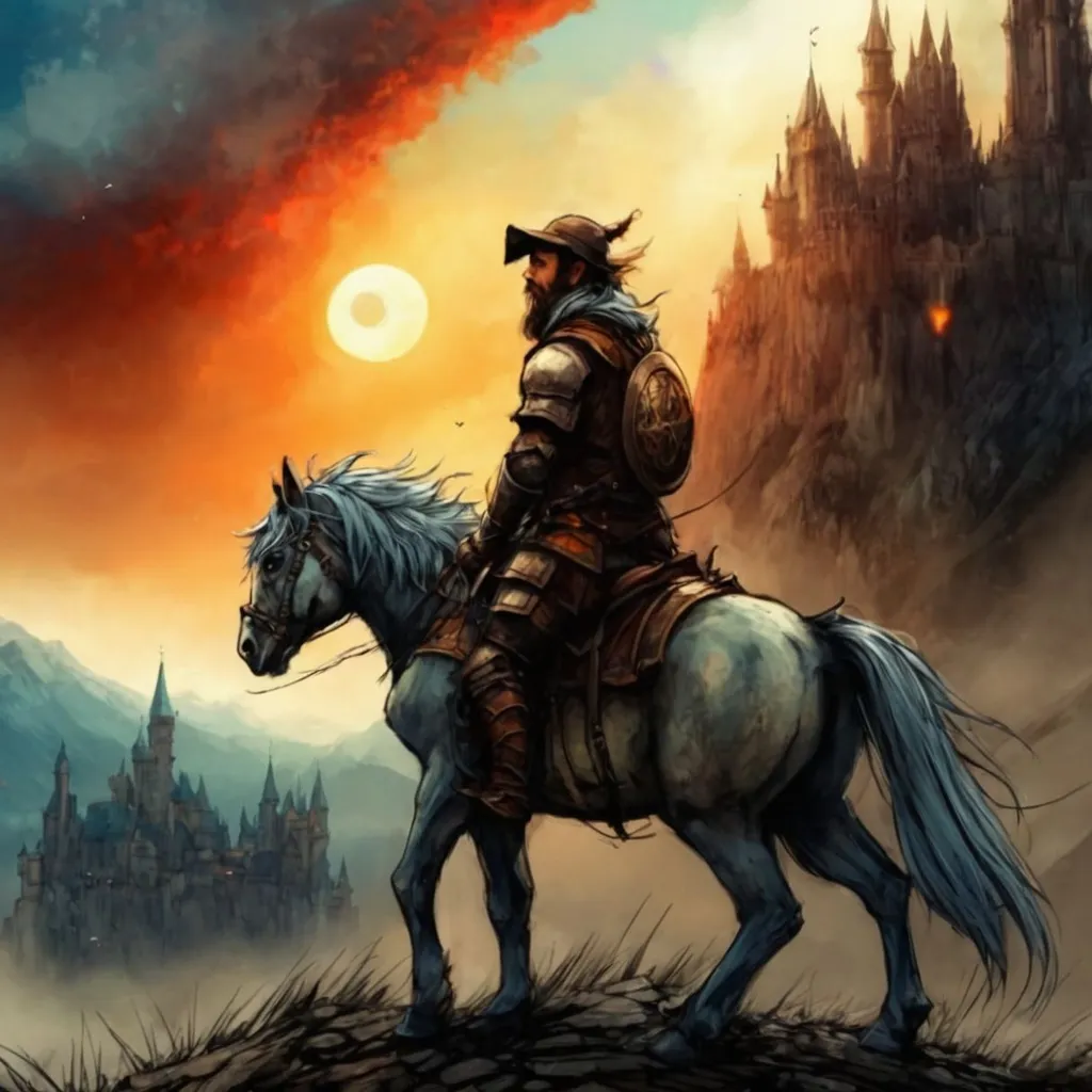 Prompt: a man on a horse with a castle in the background, anato finnstark and alena aenami, featured on illustrationx, dwarf, watching the sun set. anime, armored knight, lotr ), trending on artstaton, cgsociety 9, highly detailed wide, sunset panorama, trending at art station, widescreen shot