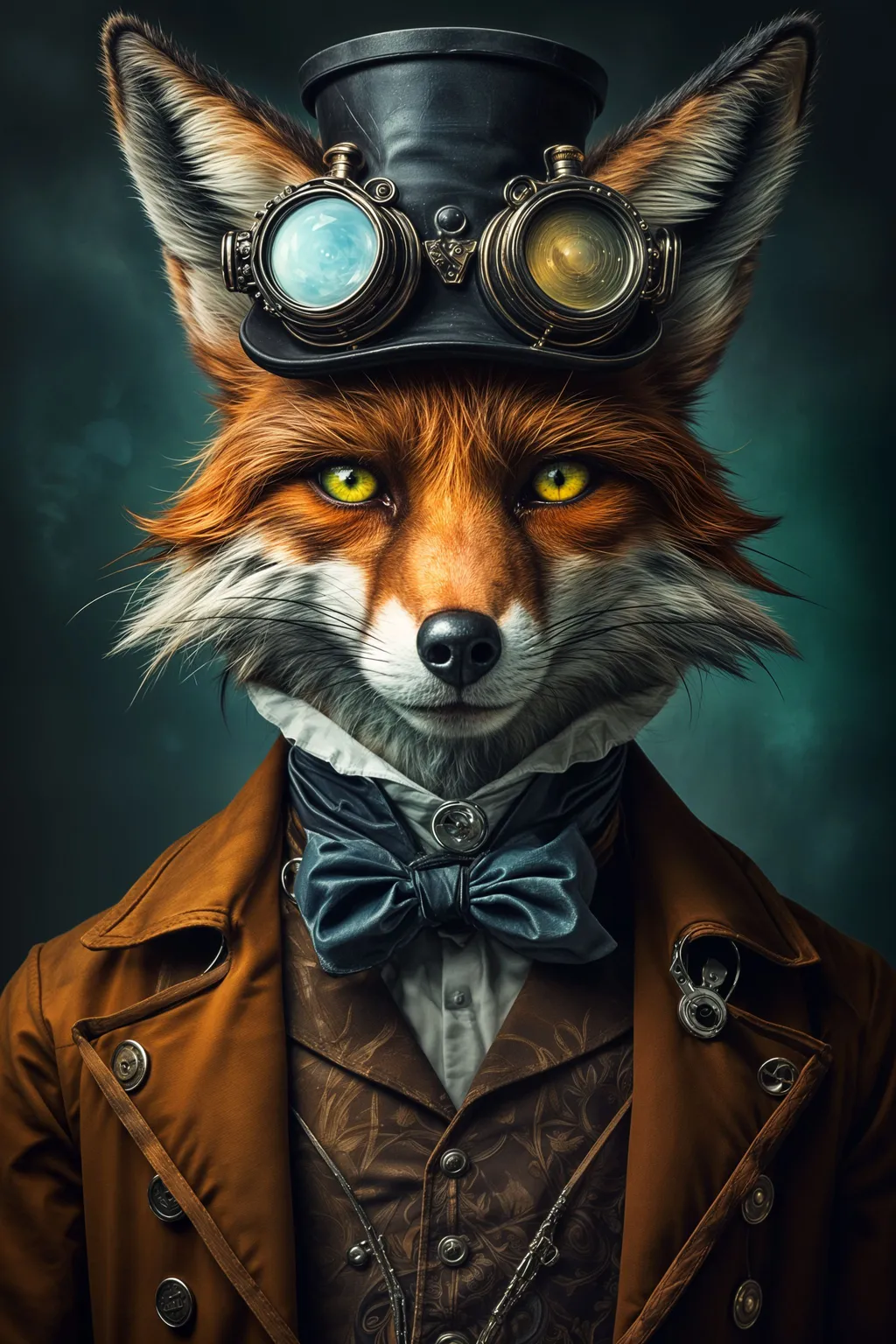 Prompt: A male Victorian anthro fox as a mad scientist with sharp, expressive eyes. He wears ornate Victorian attire, steampunk goggles on his head. Dramatic lighting and vivid colors enhance the eerie, surreal atmosphere. The mysterious background, rich in detail, evokes both wonder and discomfort, with ultra-detailed features creating a hauntingly intricate scene