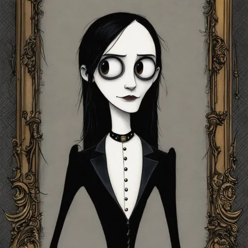 Prompt: a drawing of Winona Ryder, cartoon style art by Charles Addams, in the style of the Addams Family, intricate, elegant, gothic, new yorker cartoon