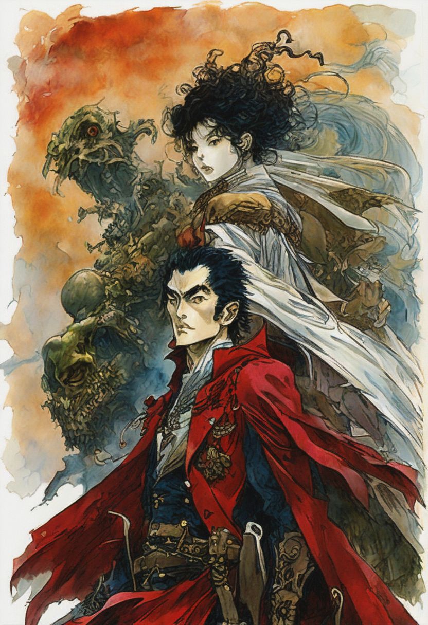 Prompt: a couple of people standing next to each other, a picture, by Yoshihiko Wada, serial art, vampire hunter d, epic full color illustration, red cloak, yoji shinkawa : : portrait