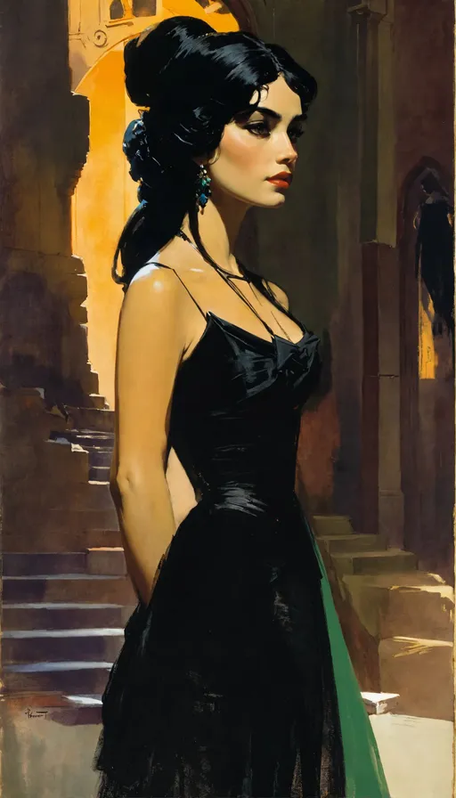 Prompt: Enviroment concept art for star wars base, A beautiful gothic woman wearing a black long dress, by Pruett Carter, Portrait of a esmeralda (from disney), taschen, TIFF