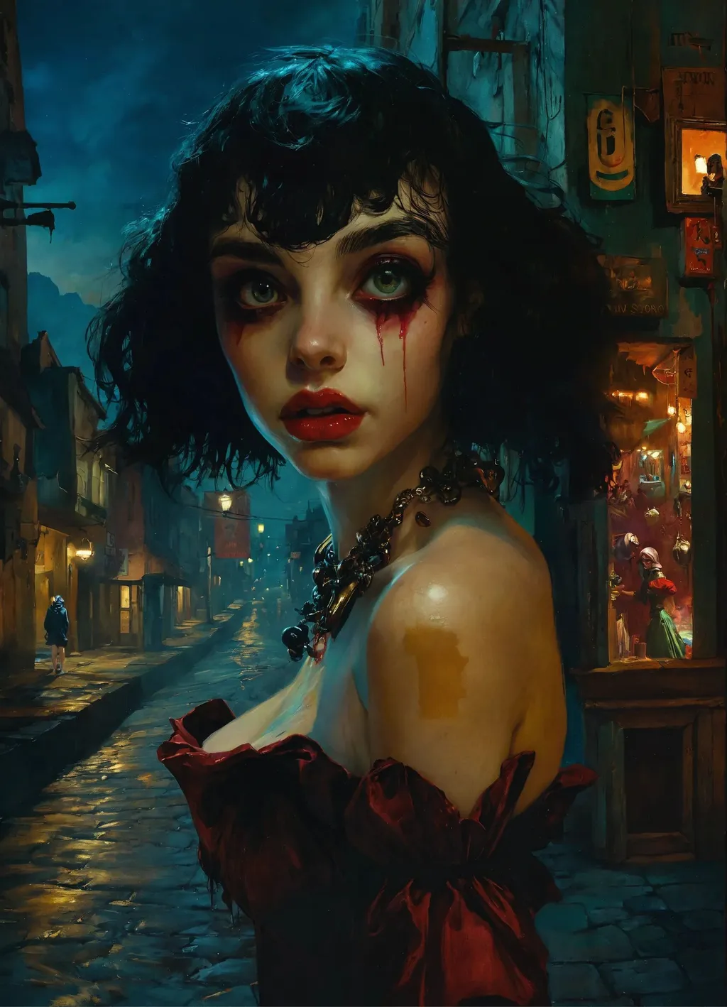 Prompt: town at midnight, pulp art, jester, breathtaking digital art, dug stanat, cloning spell, full detailed eyes, heavy metal, realistic cute girl painting, taschen, TIFF