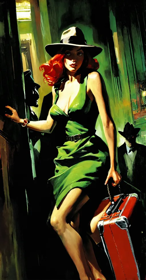 Prompt: a painting of a woman in a green dress, noir detective and a fedora, sneaking, red hair girl, mark schultz, luggage, rogue thief, noir film world character design, bustling with people, pinup art, female thief, hidden dangers, photo courtesy museum of art, comic cover, in this ominous scene, photography of bill brauer, open vault, love craftian