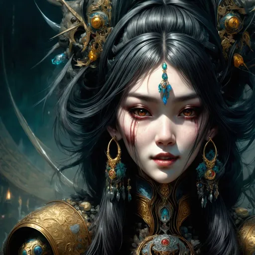 Prompt: a close up of a person with long hair, dark fantasy character design, crazy smile, higher detailed illustration, cruel korean goth girl, hyena, big earrings, ( ( ( horror art ) ) ), smug, e - girl, inspired by Krenz Cushart, evil mastermind, bite, she, by Gu Zhengyi, pinterest anime