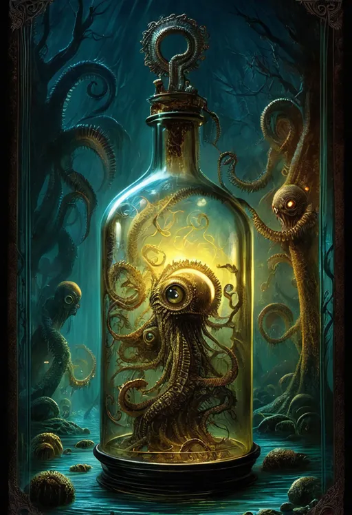 Prompt: small realistic lovecraftian horror monster by Guillermo del Toro trapped in a jar, ↑ ★★★★☆ ✦✦✦✦✦, taschen, TIFF