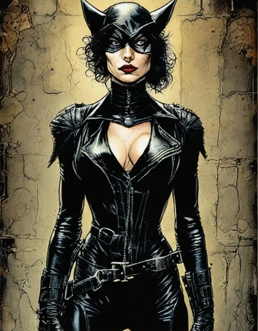 Prompt: Catwoman, art by Neal Adams, punk aesthetic, gritty