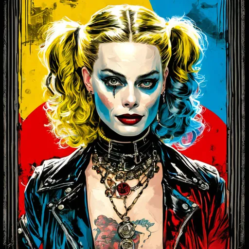 Prompt: Margot Robbie as Harley Quinn, punk neclace, symmetrical, art by Mike Allred, retro design, by Ric Estrada, inspired by Pamela Coleman Smith, inspired by Richard Randolph Rubenstein, digitally remastered, bestselling movie art poster, comic book style, DC Comics style, inked art, much wow