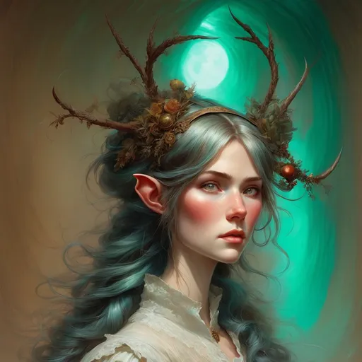Prompt: a female elf with long wavy brown hair and a dress with antlers on her head. Turquoise eyes, a round attractive face. She stands tall with an average build. Charlie Bowater, fantasy aesthetic, concept art, reference sheet