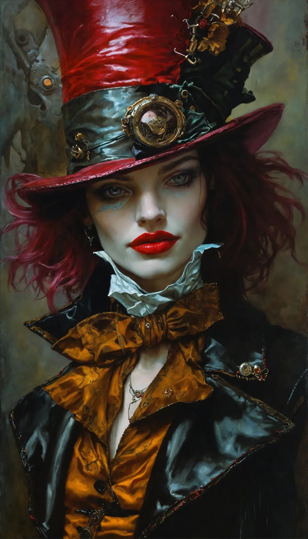 Prompt: highest quality character portrait, flowerpunk, Steampunk Mad Hatter, dark theme, belle, red lipstick, art by Donato Giancola and Gerald Brom