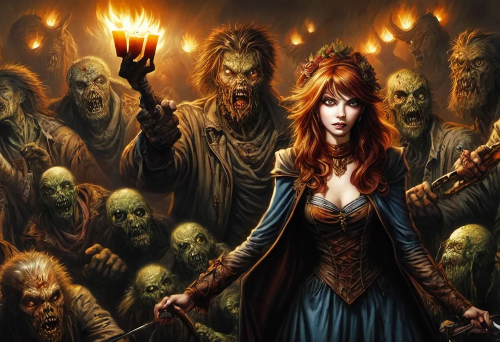 Prompt: a woman holding a candle in front of a group of zombies, a comic book panel by Steve Prescott, featured on deviantart, gothic art, official art, gothic, goth