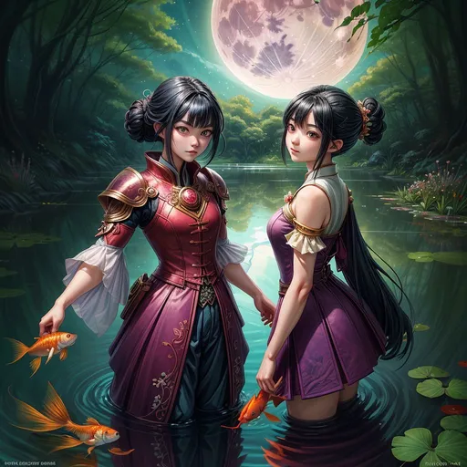 Prompt: (inkifier4:1.3), zrpgstyle, a woman holding a fish in front of a full moon, jin shan and ross tran, artstation hq, botanical poster, “uwu the prismatic person, floating goldfish, girl with black hair, tranquility, dreams are like poetry, beautiful anime face, flowering vines, gastronomy magazine, anime still image, artgram, ponds of water