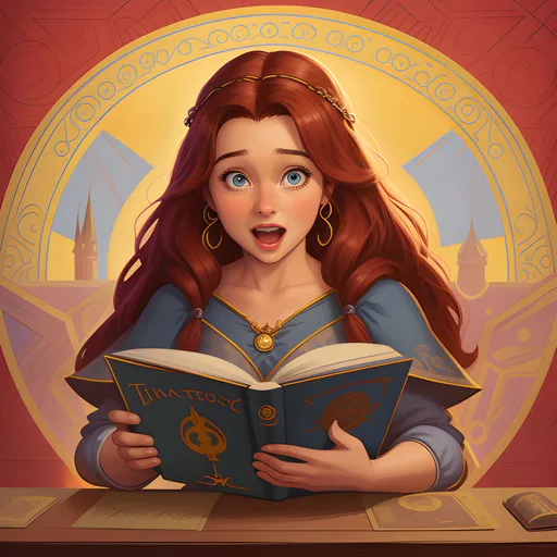 Prompt: xxinky25xx, zrpgstyle, Disney character Belle, reading Game of Thrones book, animated style, humorous expression, detailed background, colorful and whimsical, high detail, playful scene