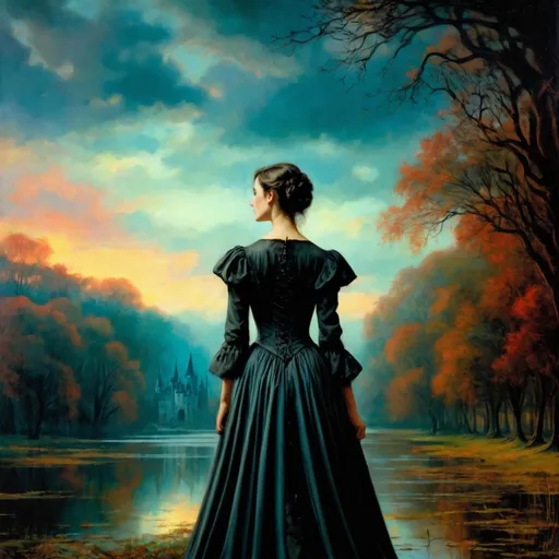 Prompt: a painting of a woman standing next to a tree, comic book cover art, the children of the night, gothic castle in background, inspired by Tom Lovell, long windblown black hair, in a swamp, perfect blue, vertigo comic, a woman walking, red coat, girl in love, haunting