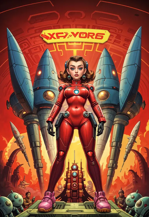 Prompt: xxink25yxx, zrpgstyle, a retrofuturistic female android standing in front of a spaceship, in a red dream world, highest quality, inspired by George Bogart, hardcore techno, high detailed cartoon, passengers, retro 50s style, psytrance, vril, trending on artforum, artstation hq