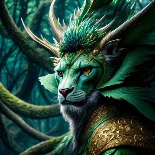 Prompt: High-res digital painting of a majestic green dragon lion vibrant shades of emerald and jade, fantasy forest setting, shimmering scales with intricate details, piercing eyes with a sense of mystery, fur blending seamlessly into dragon scales, powerful yet elegant posture, fantastical creature, magical, vibrant colors, detailed whiskers and claws, mythical, enchanting lighting
