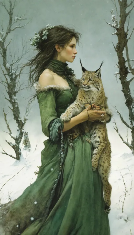 Prompt: a woman in a green dress holding a lynx in the snow, by Jean-Baptiste Monge, neo-romanticism, enchanting, lovely, elegant, ↑ ★★★★☆ ✦✦✦✦✦, taschen, TIFF