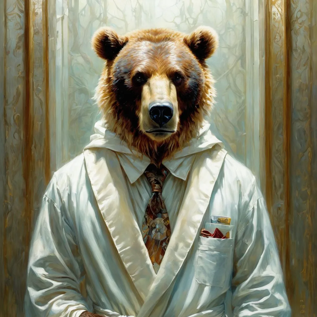 Prompt: An anthropomorphic bear in a white robe suit, the cover of real men magazine, by Mary Abbott, trending digital fantasy art, by Donato Giancola, TIFF