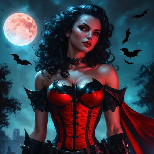 Prompt: a woman in a batman costume standing in front of a full moon, promotional art, strong red hue, ign, (dark shorter curly hair), heavily upvoted, inspired by Greg Staples, bright red, wearing corset, the second… like a calf, bats
