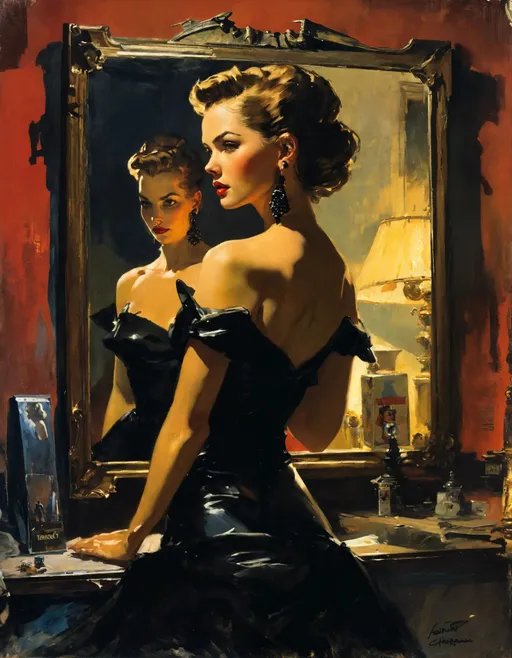 Prompt: barsoom, square enix, alexi zaitsev, a woman in a black dress standing in front of a mirror, noir photorealism, gill elvgren, a magazine cover for the wildcat adventures, taschen, TIFF