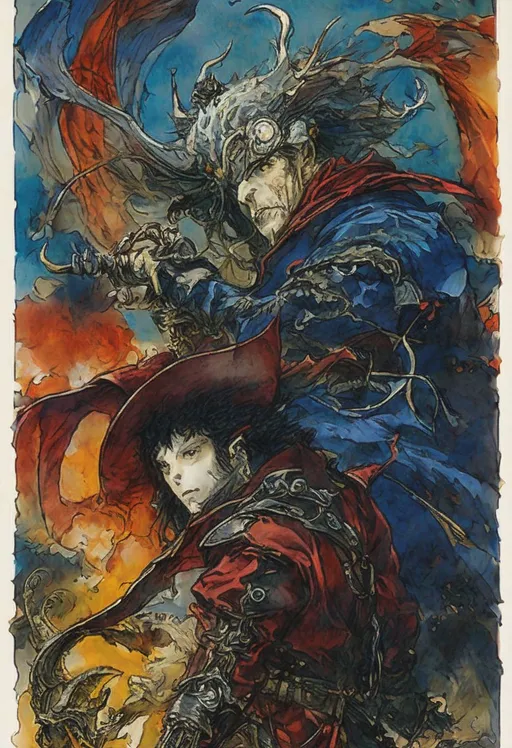 Prompt: a painting of a man with a dragon on his shoulder, poster art, by Yoshitaka Amano, pixiv contest winner, vanitas, medium shot of two characters, giraud, portrait of a red sorcerer, square enix