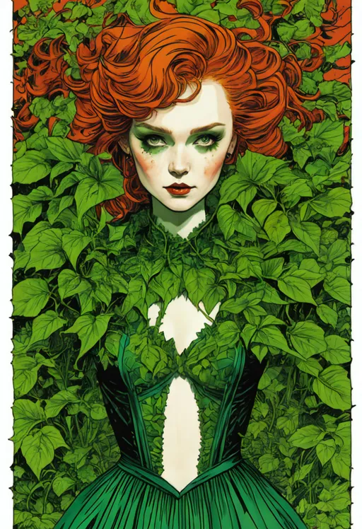 Prompt: full body portrait of Lily Cole as poison ivy, wearing a green dress and floral growth, art by Becky Cloonan and Butcher Billy and Frank Miller, ↑ ★★★★☆ ✦✦✦✦✦, taschen, TIFF