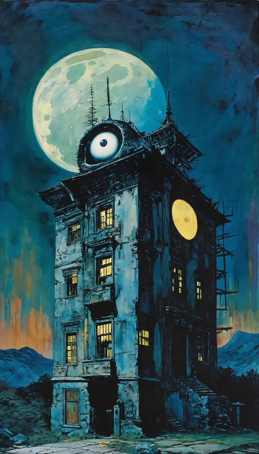 Prompt: by amano, a painting of a building with a giant eyeball on top of it, by Charles Addams, psychedelic art, in front of a full moon