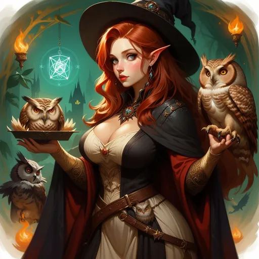 Prompt: fantafier, zrpgstyle, a beautiful curvy redhead woman dressed as a witch holding an owl, black magic, spells