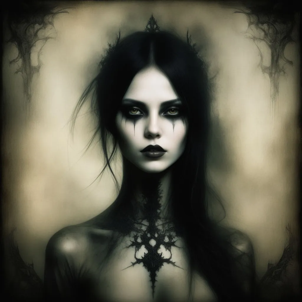 Prompt: gorgeous gothic woman, high fantasy, dndbeyond, symmetric face, by Anja Millen and Ben Templesmith, oily coveralls, dreamlike