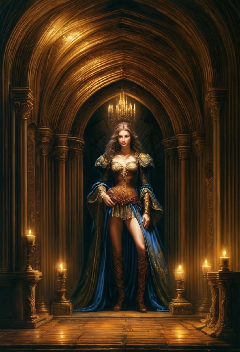Prompt: inside a fantasy castle at night, a dark fantasy airbrush painting by Jeff Easley, deviantart contest winner, official art, featured on amiami, promotional artwork, ↑ ★★★★☆ ✦✦✦✦✦
