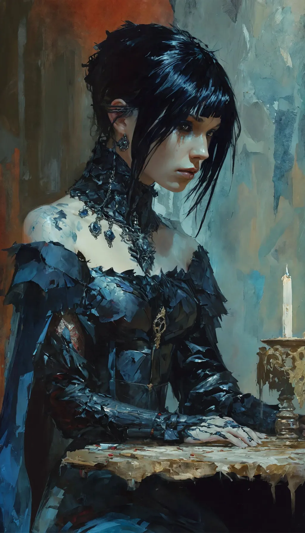 Prompt: raven black hair, bluish face, a painting of a woman sitting at a table, Woman gothic knight necromancer summoner, by Emily Mason, octane render, inspired by Dustin Nguyen, dug stanat, intricate body, taschen, TIFF