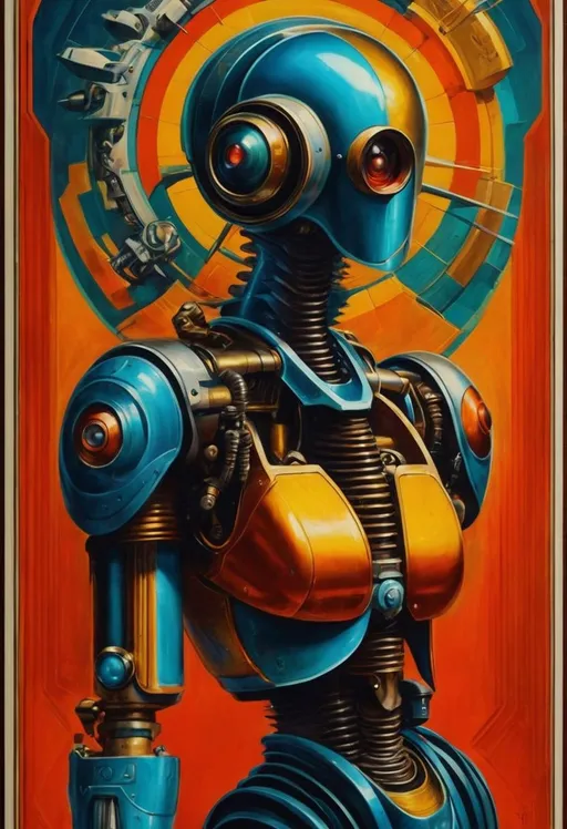 Prompt: ↑ ★★★★☆ ✦✦✦✦✦, raygun pistol, style medium shot 1920's poster, cyberpunk, robotic, a painting inspired by Anton Raphael Mengs and H. R. (Hans Ruedi) Giger, TIFF, tumblr, oil on canvas
