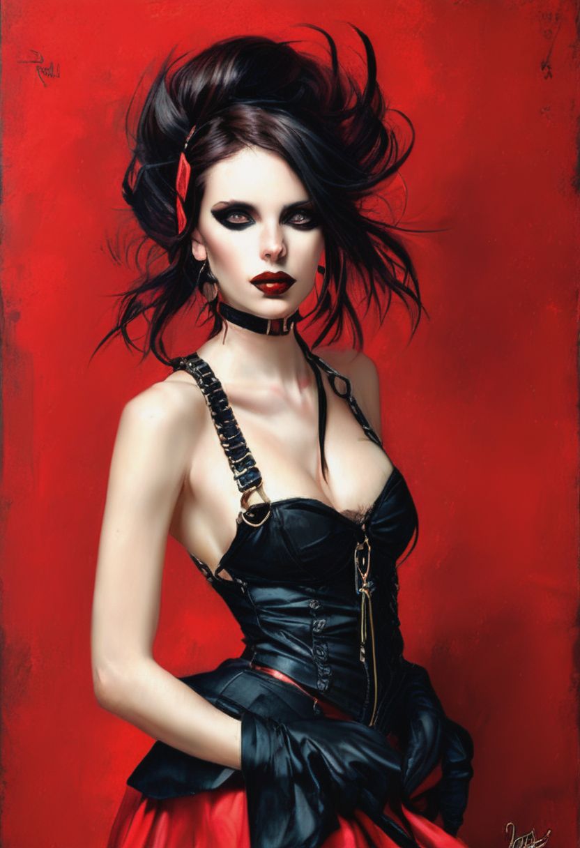 Prompt: Cute black-and-red haired goth girl, cute goth look and clothes, art by Rafael Albuquerque, smooth draw with oil painting, nostalgic melancholic artwork, like artgerm, oilpunk