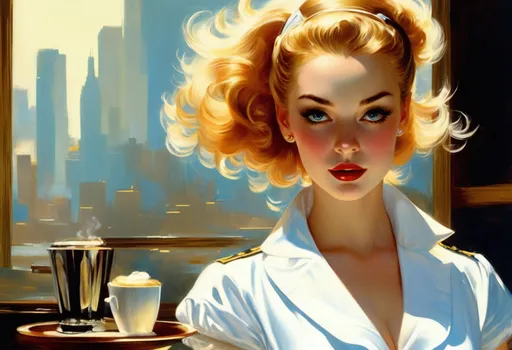Prompt: a painting of a beautiful waitress in a white uniform and short sleeves carrying coffee, global illumination lighting, by Neal Adams, Boris Vallejo, 1950s aesthetic, comic book panel, ↑ ★★★★☆ ✦✦✦✦✦, taschen, TIFF