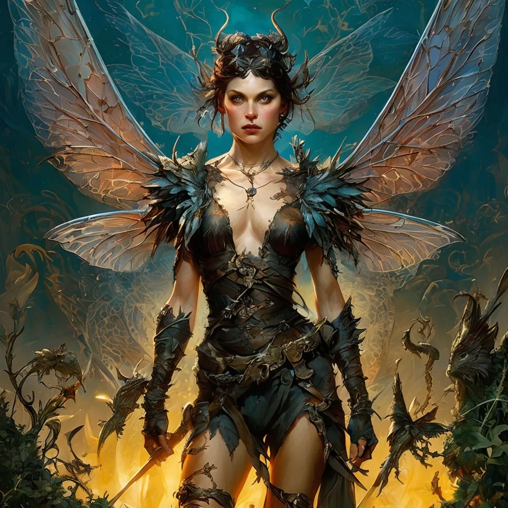 Prompt: a pixie with wings by Adrian Smith, dark gothic fantasy aesthetic, thorns, artstation hq, cinematic composition, beautifully lit, symmetry face, behance hd