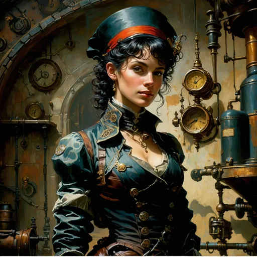 Prompt: a painting of a woman in a steampunk costume, by Pablo Munoz Gomez, fantasy art, beeple and tim hildebrandt, detailed scan”, norman rockwell ross tran, eugene de blaas