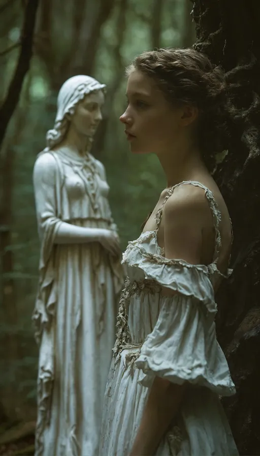 Prompt: a woman in a white dress standing next to a statue, realistic fantasy photography, portrait of a young teenage girl, by Emily Mason, inspired by Susy Pilgrim Waters, awarded photograph, defined cheek bones, photograph captured in a forest, soft light from the side, taken with a canon eos 5 d, by Epsylon Point, ornate and intricate backdrop, offset photography