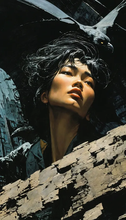 Prompt: by Bernie Wrightson, a close up of a painting of a woman's face,  a comic book panel, conceptual art, pascal blanche, shutterstock, flying over dark gotham, asian women