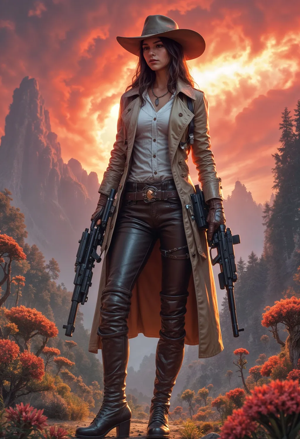 Prompt: full body Cowgirl in futuristic sci-fi setting, cowboy hat, high-tech materials, detailed cowgirl outfit with leather duster trenchcoat, overcoat, intense and confident expression, alien planet, alien animals, high-res, ultra-detailed, sci-fi, laser guns, sciborg, futuristic, cowgirl, high-tech, detailed outfit, atmospheric lighting