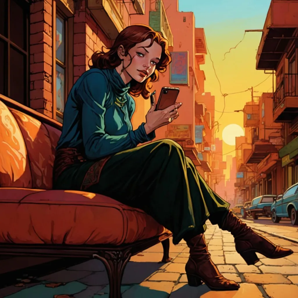 Prompt: pascal blanche, a woman walking down a street at sunset, art nouveau wallpaper, inspired by Al Williamson, full art, a woman sitting on a couch talking on a phone, a drawing of a girl sitting on the ground