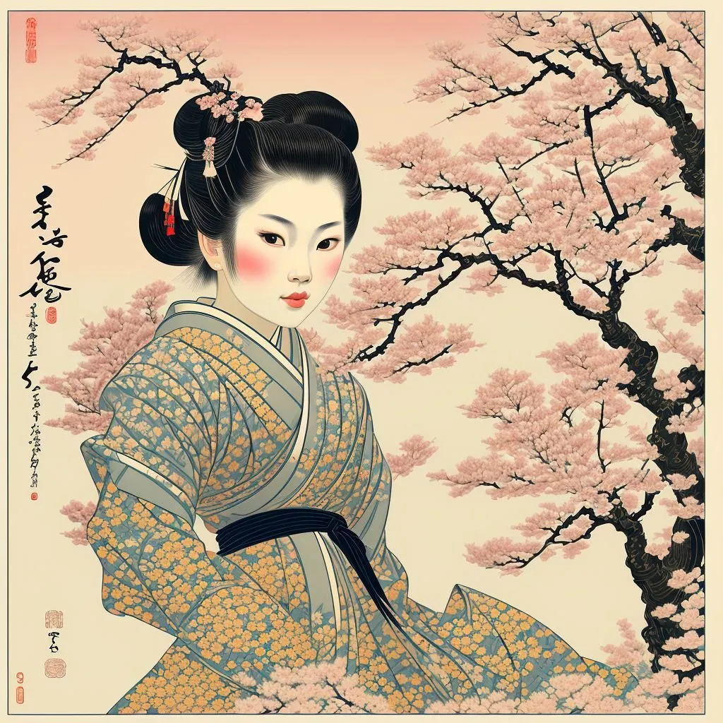 Prompt: sks, geisha amongst the cherry blossom trees, woodblock print, by Gatōken Shunshi, traditional clothes, illustration, highest quality, ultra sharp, highly detailed, milk-bath effect, square image, professional, #screenshotsaturday, #myportfolio, contest winner, 32k huhd, taschen