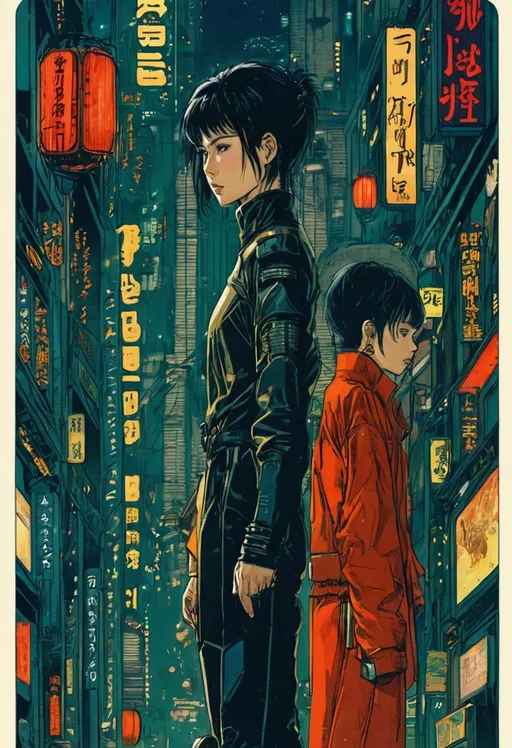 Prompt: ↑ ★★★★☆ ✦✦✦✦✦, (Motoko Kusanagi in Blade Runner 1982), neo noir, (1980s cyberpunk aesthetic), professional, inspired by Masamune Shirow, TIFF,  featured on pixiv, colored sketch, copyright tsr 1989, manga style, taschen