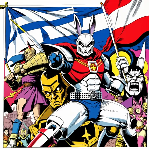 Prompt: p4n3lz, zrpgstyle, Robot white bunny warrior with AYW flag, Geof Darrow, John Romita Jr