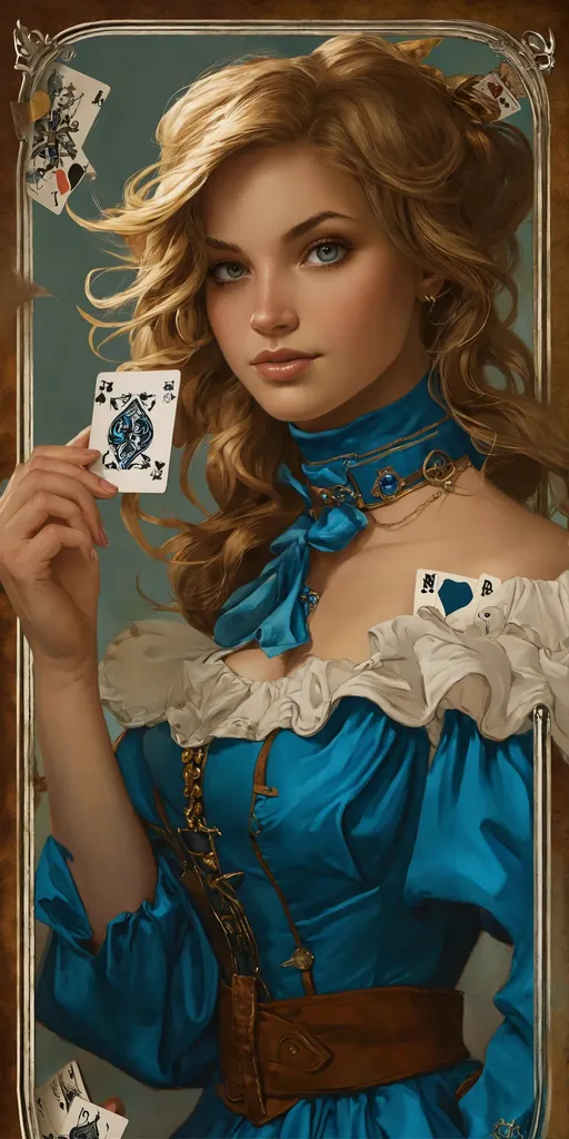 Prompt: a painting of a woman in a blue dress, disney steampunk, holds playing cards, drawn in the style of artgerm, brown-blond-hair pretty face, mark brooks and brad kunkle, the madhatter, online casino logo, art in the style of terry moore, short curly blonde haired girl, [ tarot card ]!!!!!, detailed –n 9