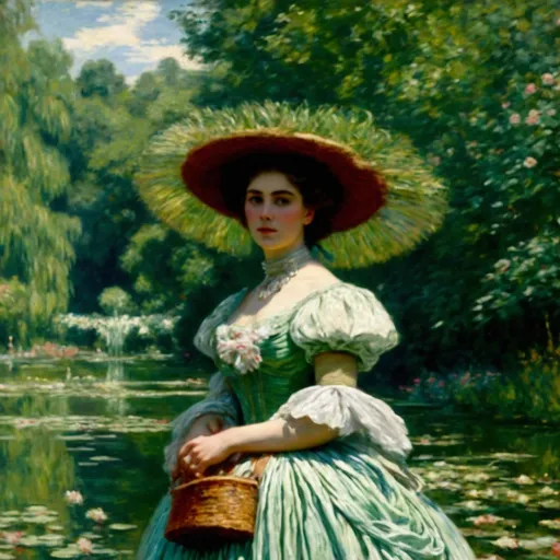 Prompt: an impressionist painting of a woman standing in a lush garden full of exotic flowers by Claude Monet, 19th century fashion, oil on canvas, taschen, Burlington Magazine, TIFF